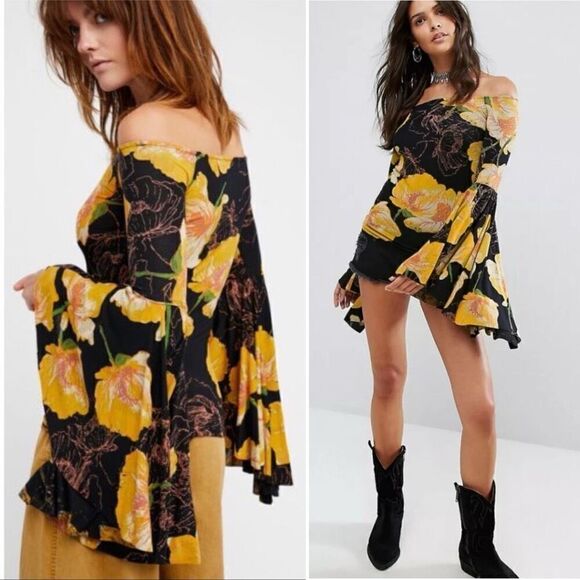Free People Floral Birds of Paradise Off-shoulder Top M Bell Slv Boho Festival - Picture 8 of 13